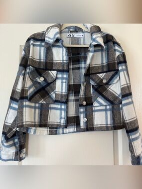 ZARA Blue, Gray & White Plaid Shirt Jacket